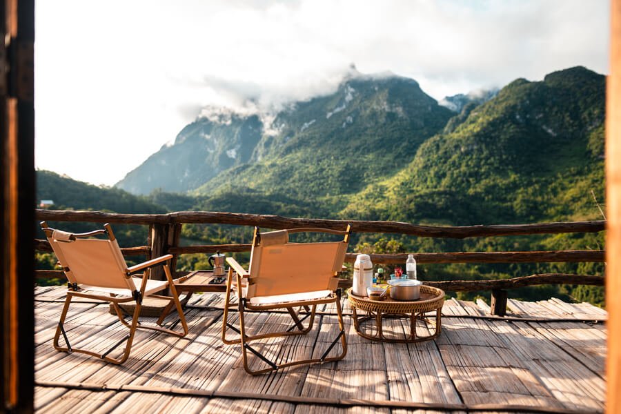 Mountain lodge terrace with scenic valley view