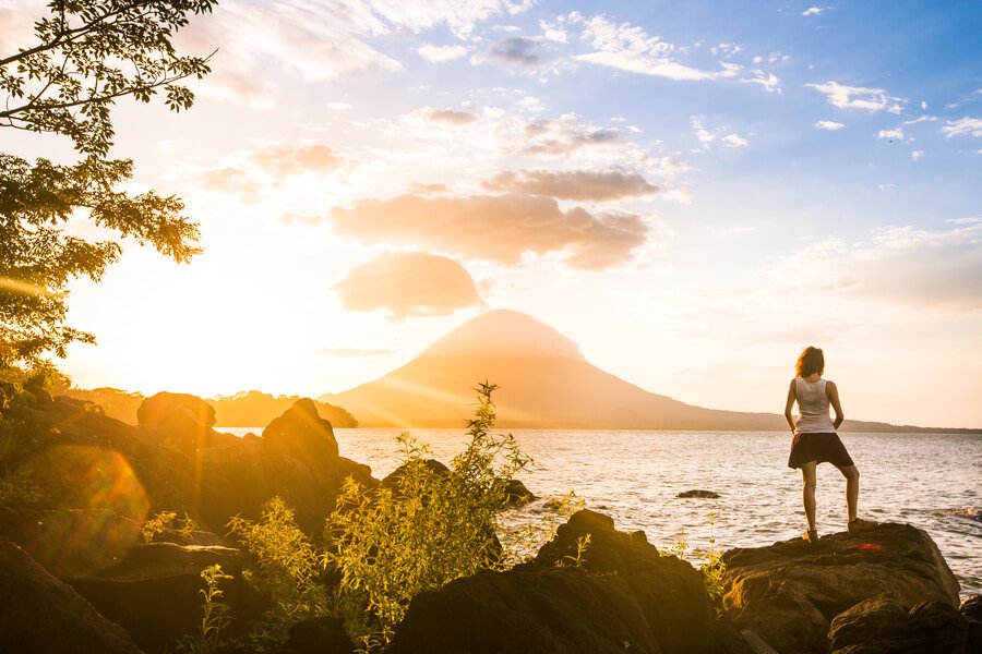 Sunset view of Lake Atitlán and volcano, Guatemala